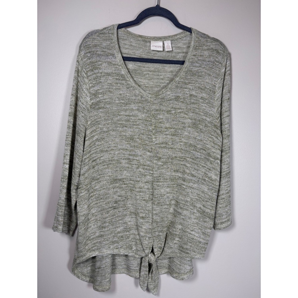 Chicos Women Size 3 XL Sage Green Marled Gold Metallic Tie Front Knit Top Earthy